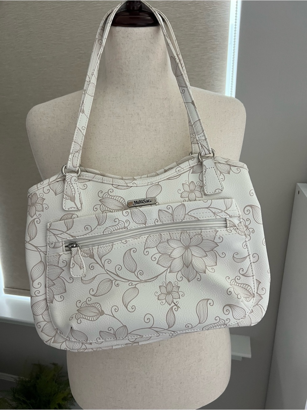 MultiSac White Floral Shoulder Bag with Neutral Floral Print